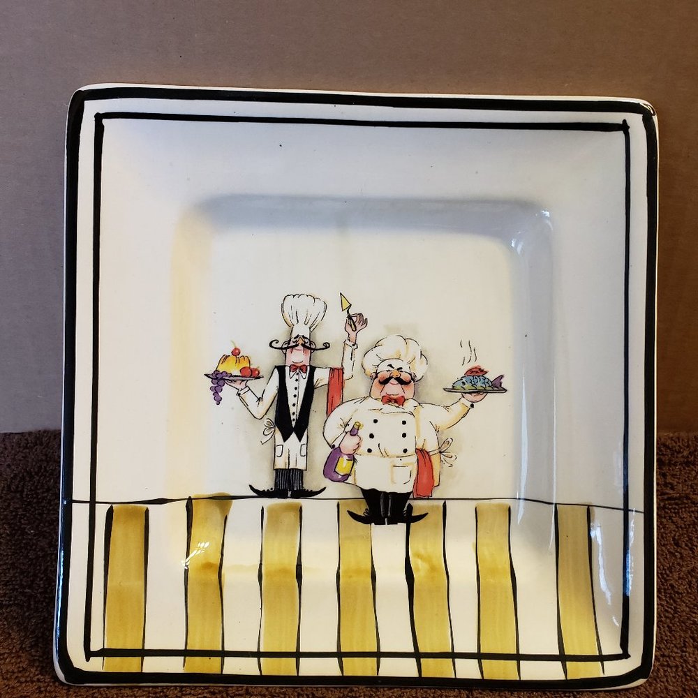 HD Designs Le Chef Square Luncheon / Salad Deep Dish Whimsical Chefs ~ 2 AVAIL